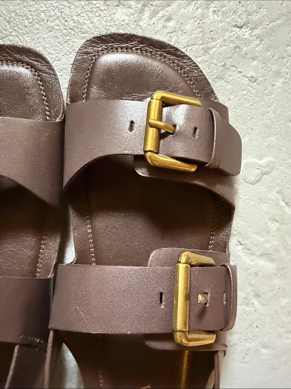 ZARA Dark Brown Double-Buckle Slide Sandals with Gold Buckles - Picture 3 of 3